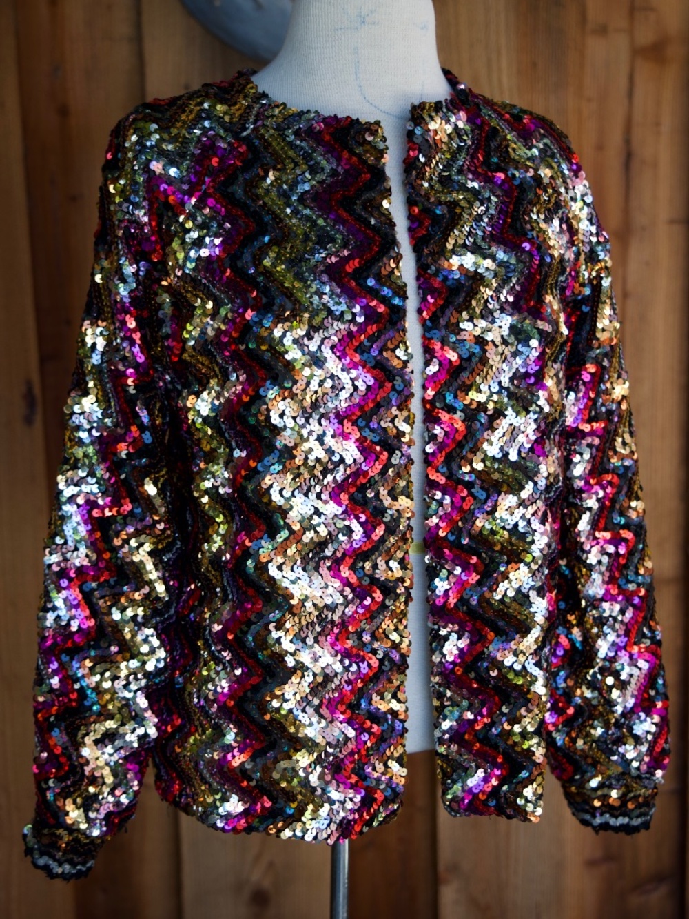 Vintage 1970's I.Magnin Rainbow Chevron Sequin Open Cardigan Jacket Woman's M